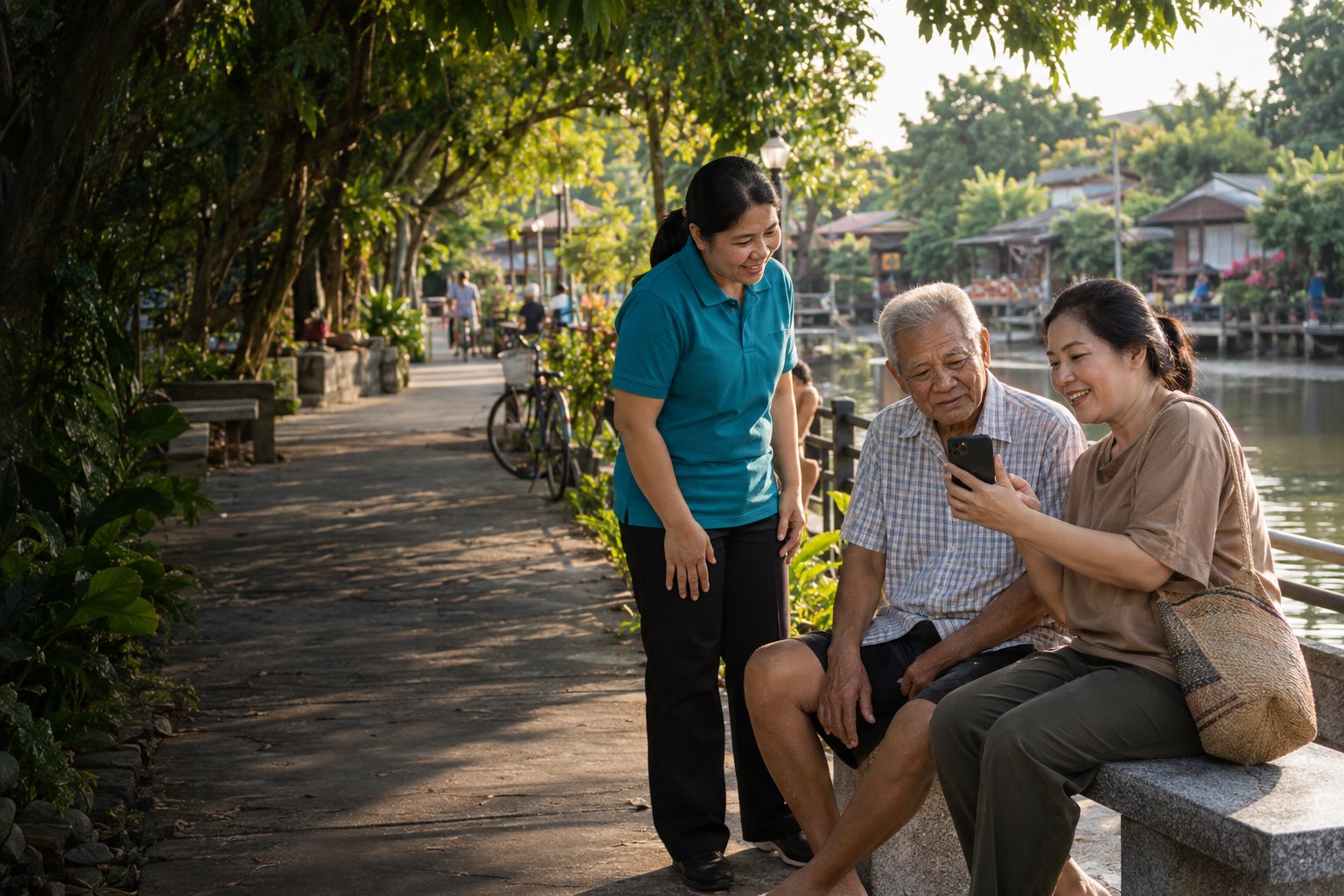 ภาพประกอบสมาชิกชุมชนแบ่งปันข้อมูลผ่านโทรศัพท์ สร้างด้วย AI
